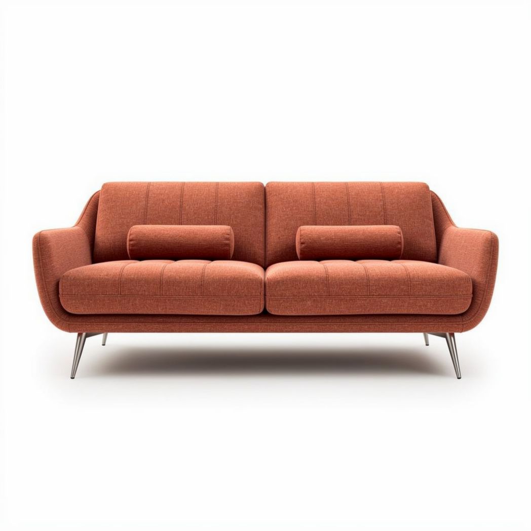 Mid-century modern orange fabric sofa with removable cushions 200 x 90 x 80cm