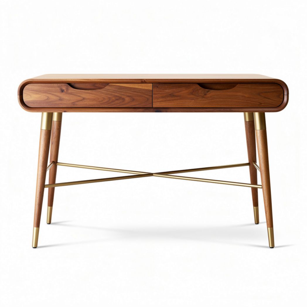 Wooden writing desk with two drawers and metal legs in walnut finish 120 x 60 x 75cm