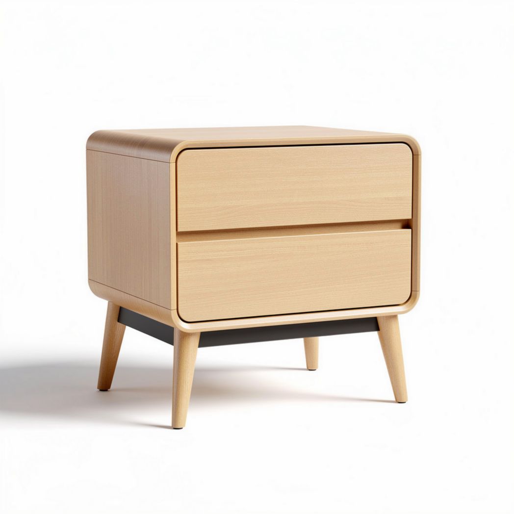Wooden nightstand with two drawers and contrasting base in natural finish