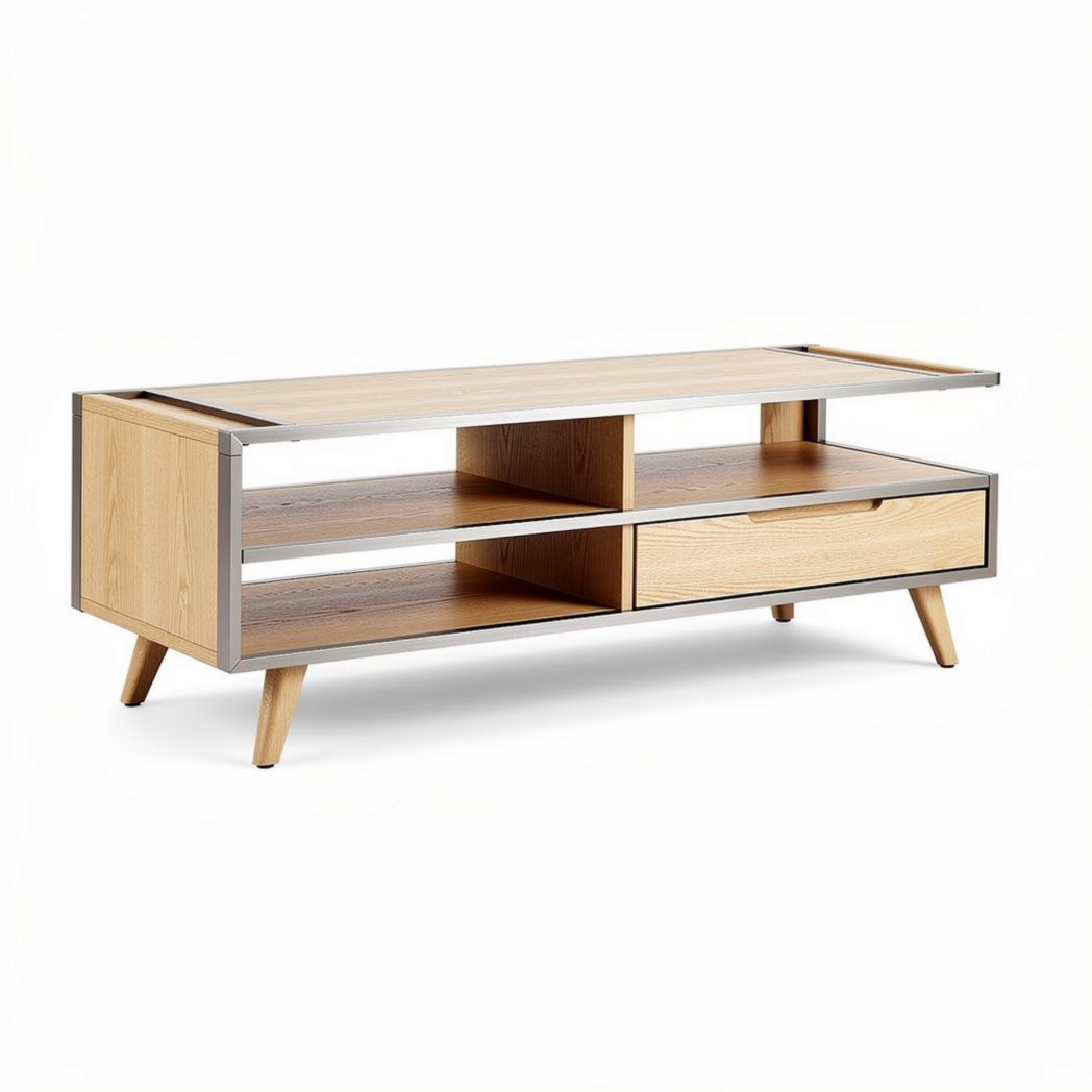 Modern oak tv stand with metal accents and storage drawer 120 x 40 x 50cm