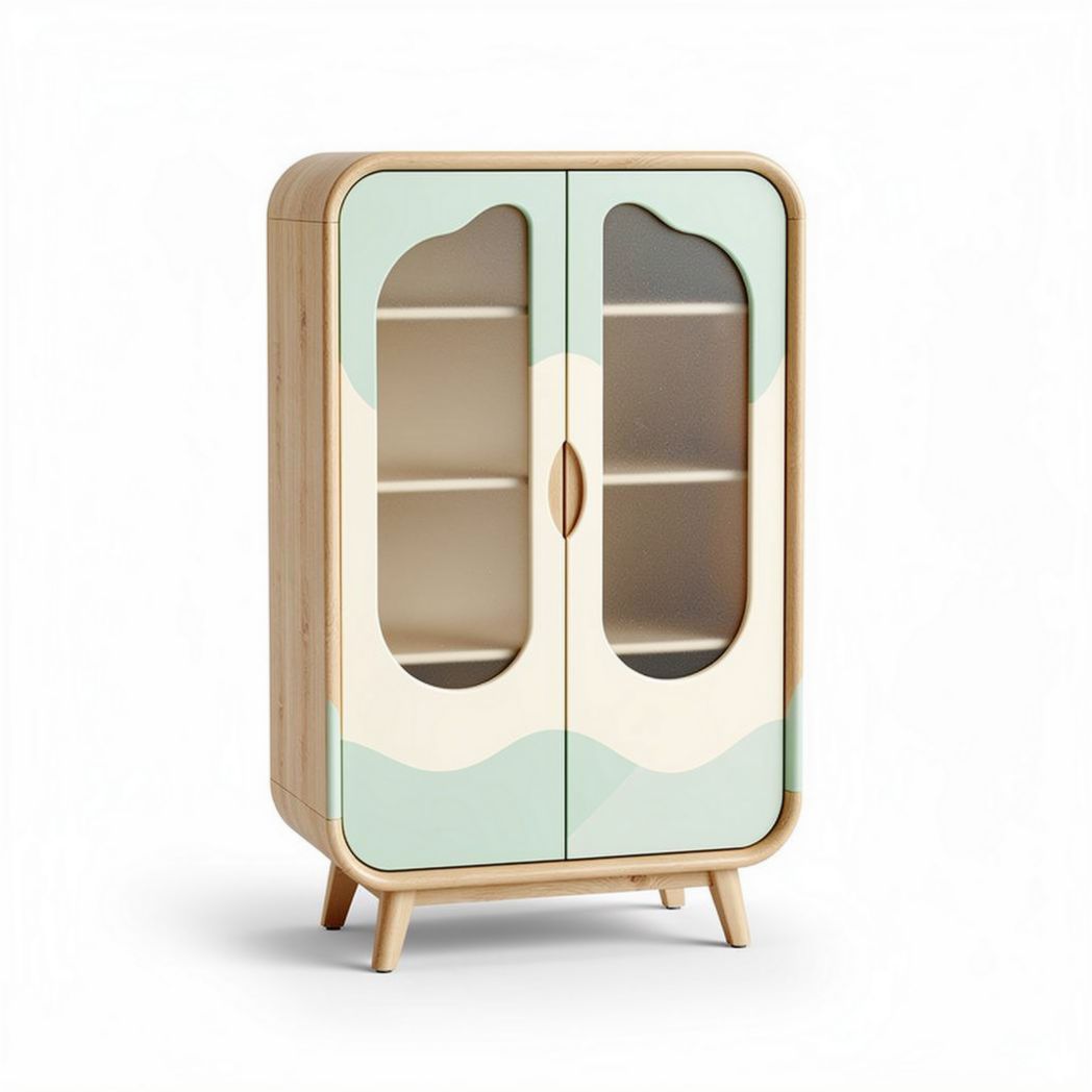 Wooden cabinet with glass doors and elegant wave design 60 x 40 x 90cm