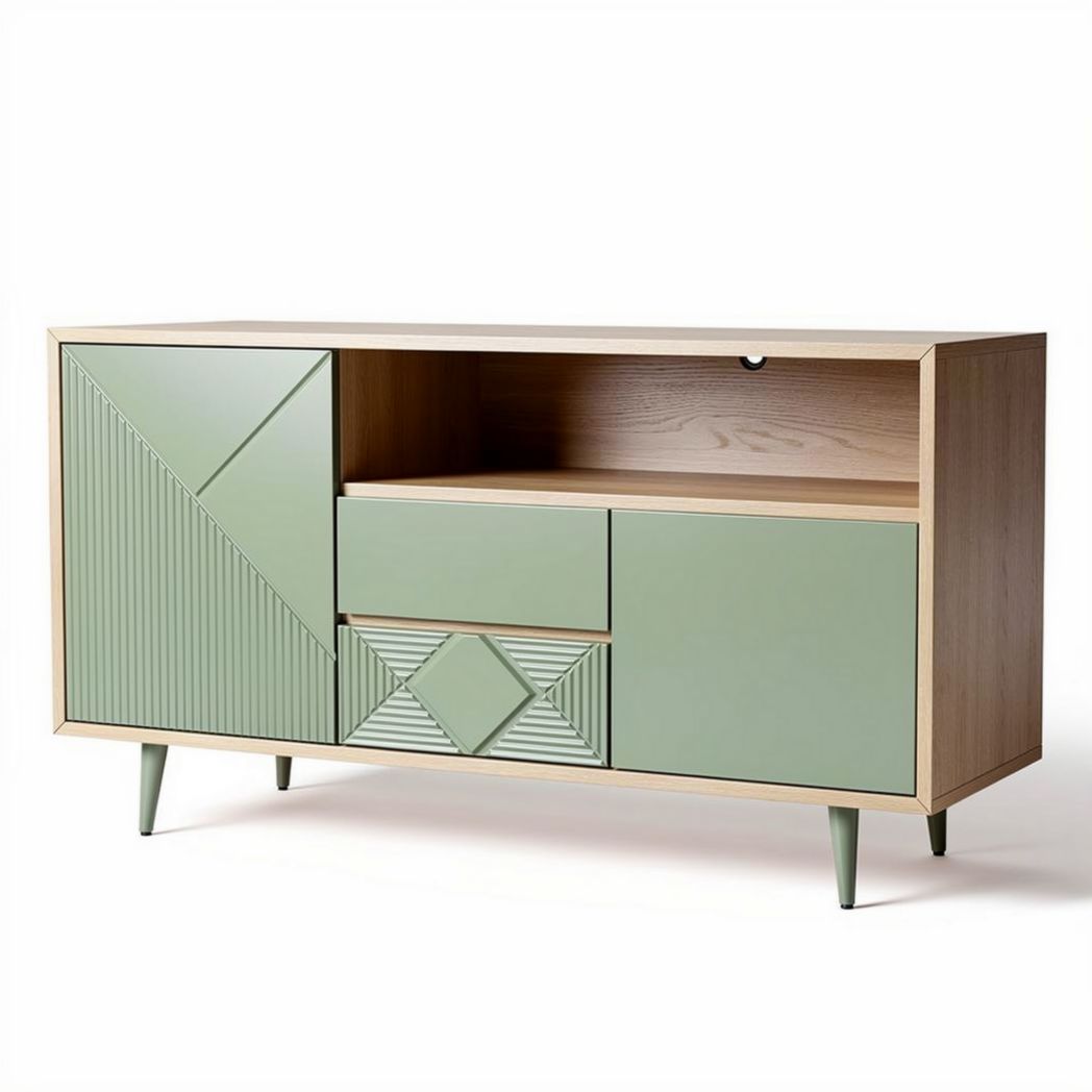 Wooden sideboard with green doors and sleek design for living room use
