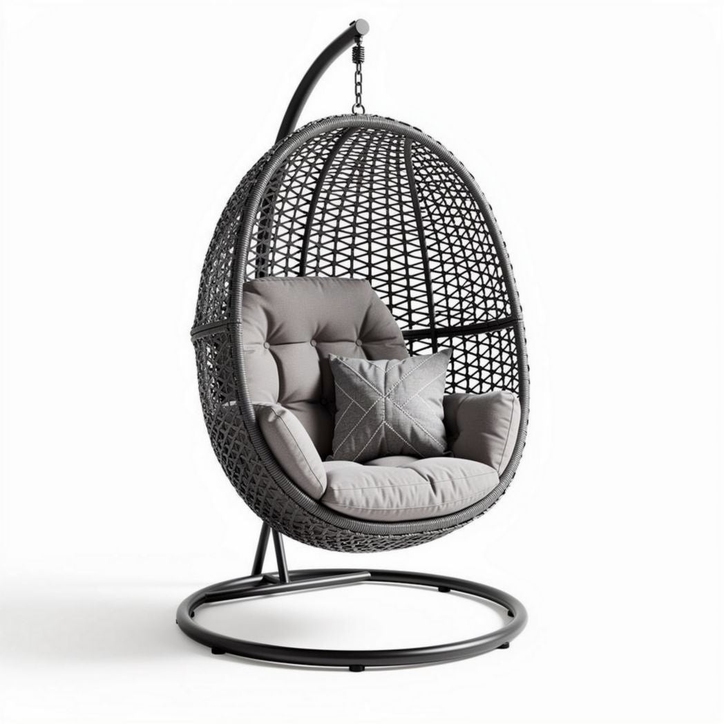 Hanging egg chair with cushion made of rattan in grey color 110 x 100 x 150cm