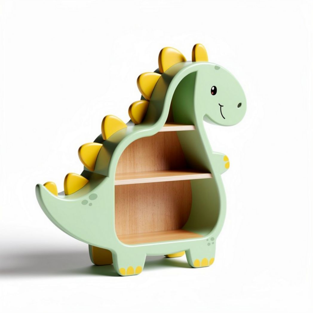 Dinosaur-shaped kid's shelf in green wood with two storage compartments
