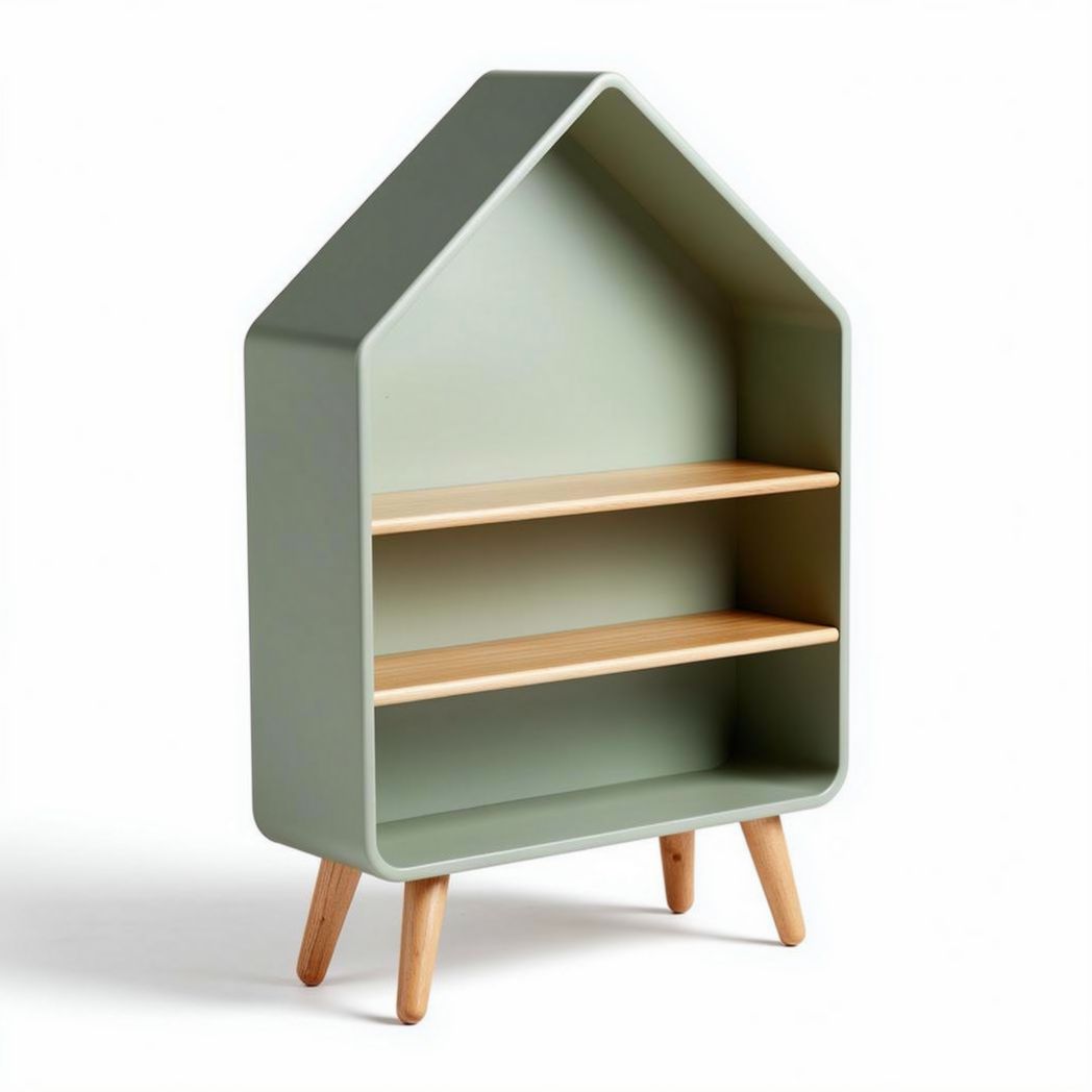 House-shaped storage shelf with two wooden shelves and green finish 60 x 30 x 90cm
